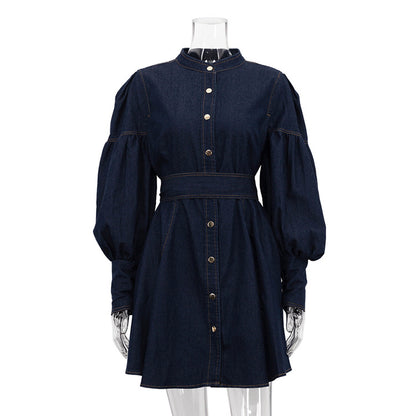 Denim Shirt Dress Women Puff Sleeve Belted