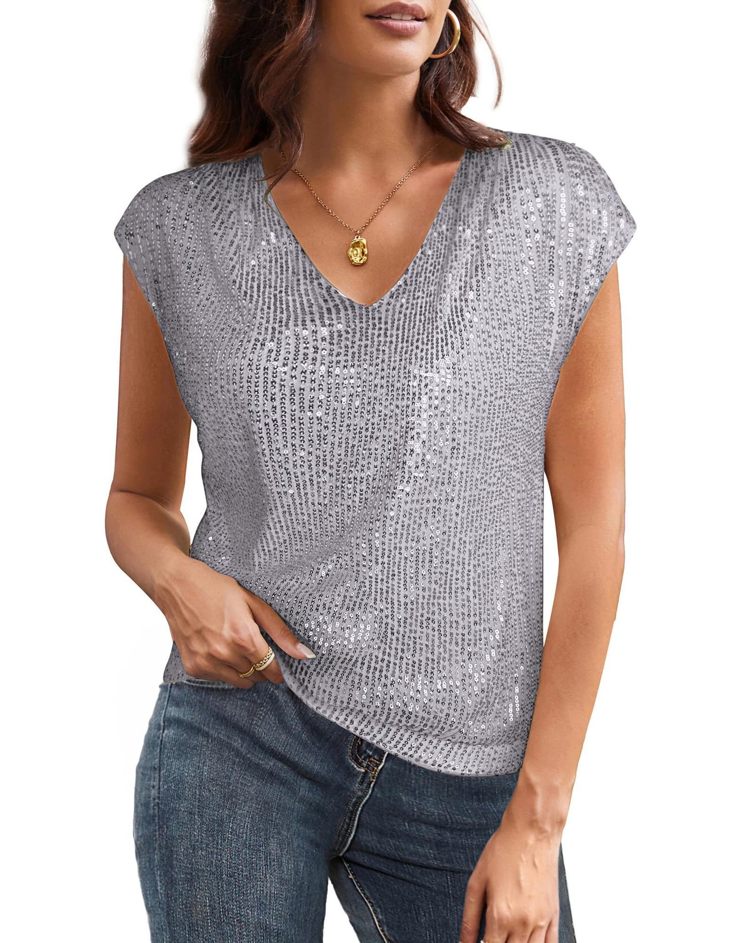 Women's V-Neck Sequin Tank Top – Sleeveless Summer Party Blouse
