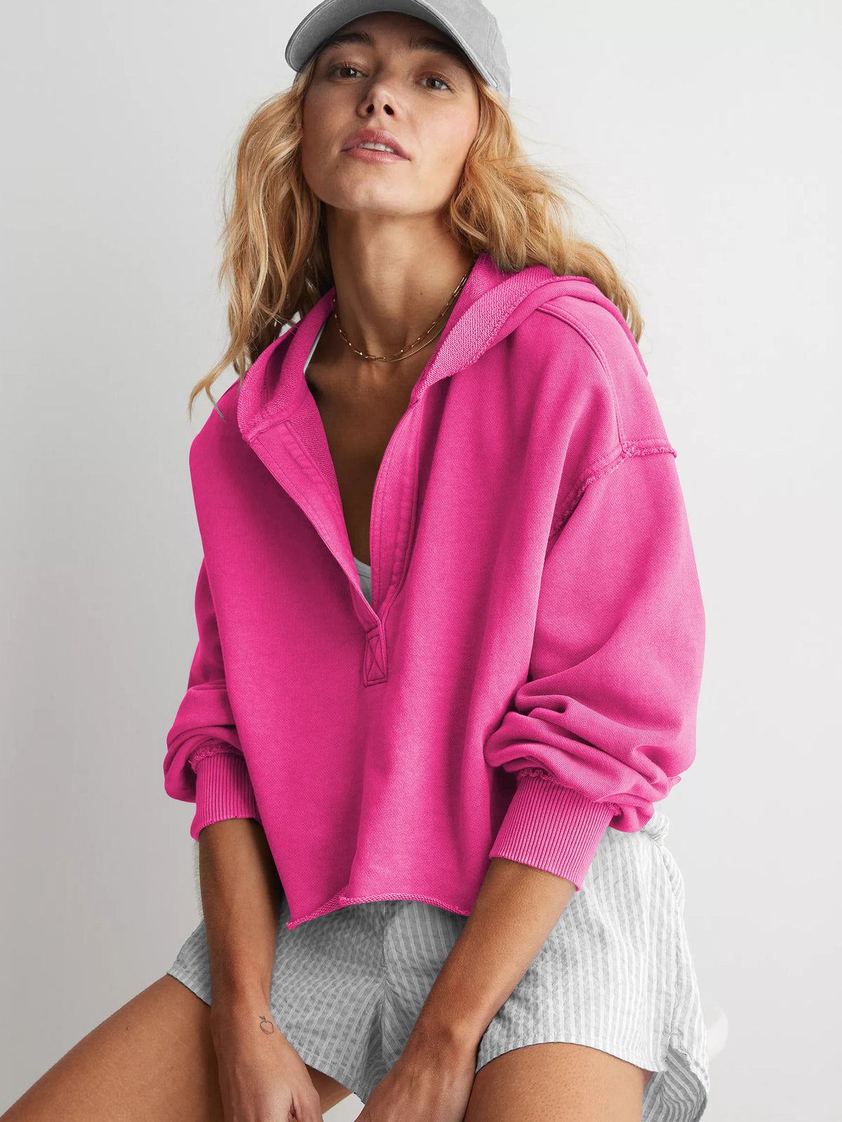 Women's Oversized Cropped V-Neck Hoodie Pullover Top