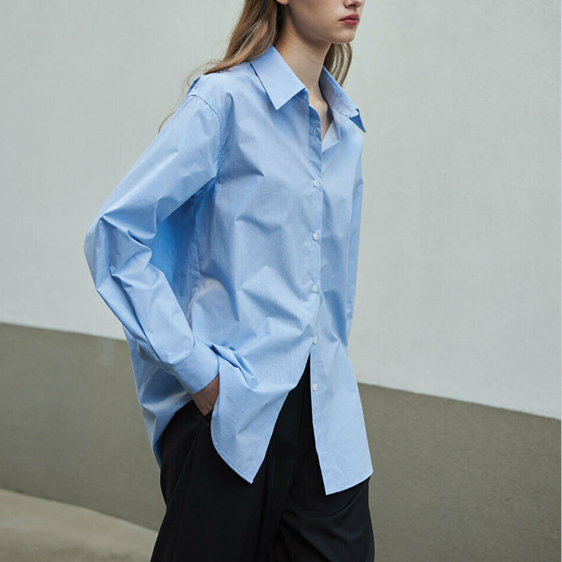 Women’s Cotton Mid-Length Button-Up Shirt Loose Casual Top