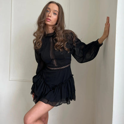 Black Chiffon Cutout Mini Dress Mock Neck Long Sleeve