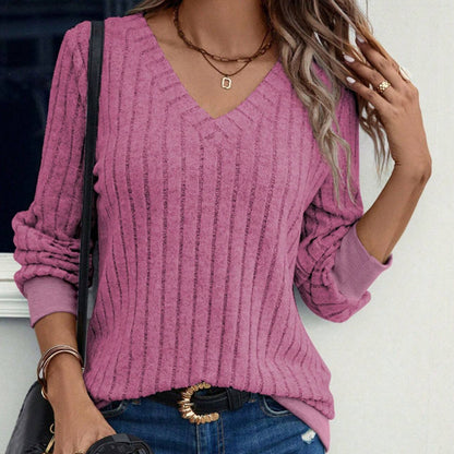 Women's V Neck Ribbed Long Sleeve Solid Casual Top