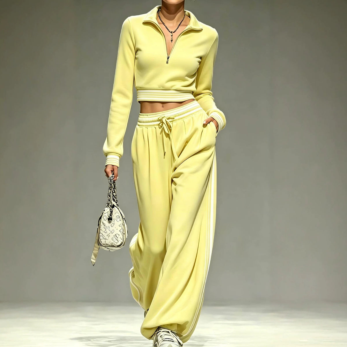 Womens 2 Piece Half Zip Crop Top Wide Leg Sweatpants Set