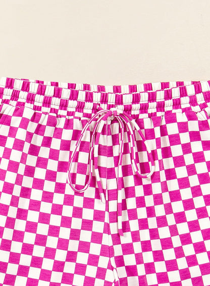 Rose Red Checkerboard Tee and Drawstring Shorts Set