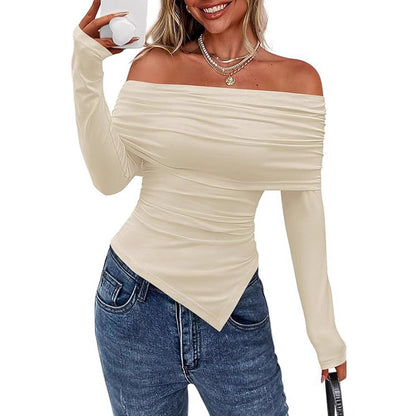 Off Shoulder Long Sleeve Asymmetric Hem Slim Fit Top