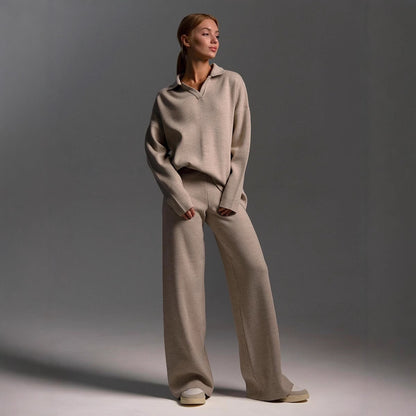 Women's Cozy Polo Top Wide Leg Pants Matching Set