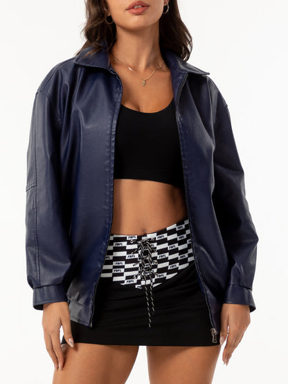 Womens Oversized Faux Leather Jacket Zip Up Casual