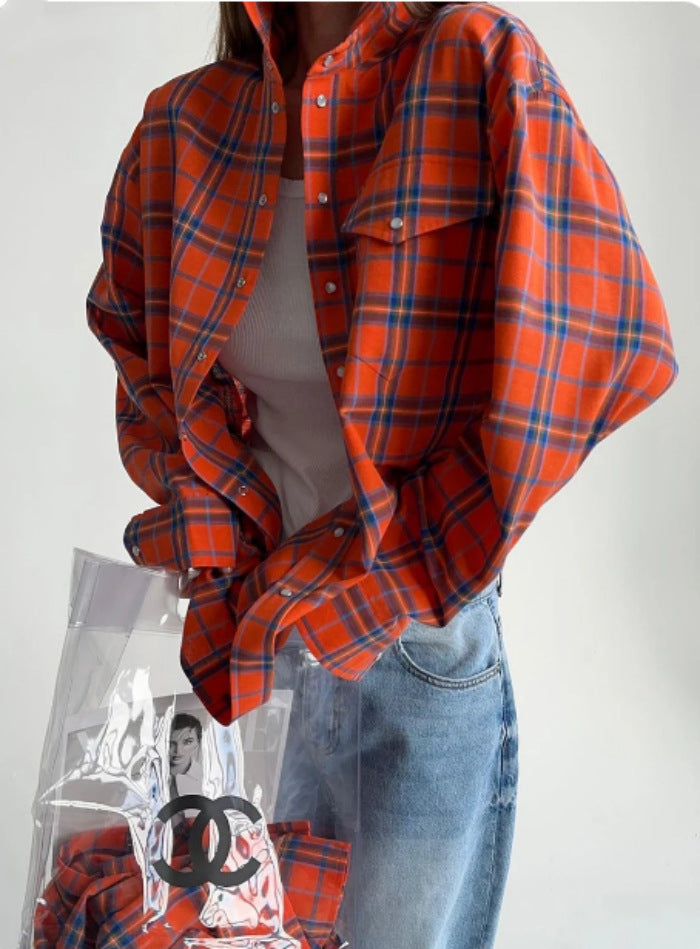 Women's Oversized Plaid Long Sleeve Button Down Shirt