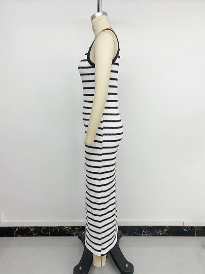 Striped Sleeveless Bodycon Midi Dress Side Slit Casual Summer