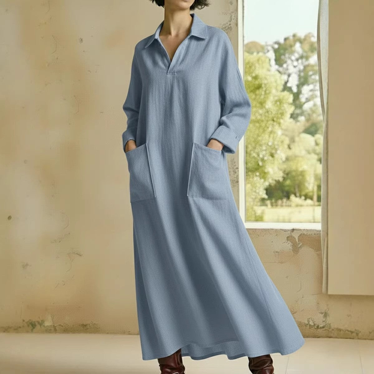 Women's Casual Long Sleeve Polo Maxi Dress with Pockets