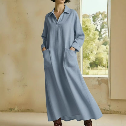 Women's Casual Long Sleeve Polo Maxi Dress with Pockets