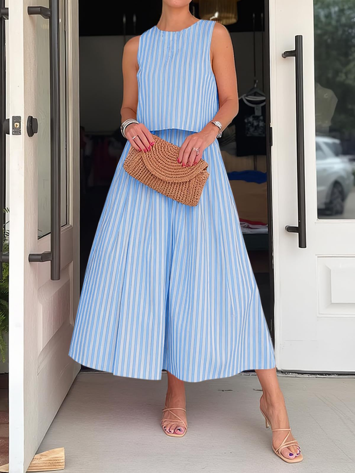 Women's Striped Cotton Tank & Midi Skirt Two-Piece Set