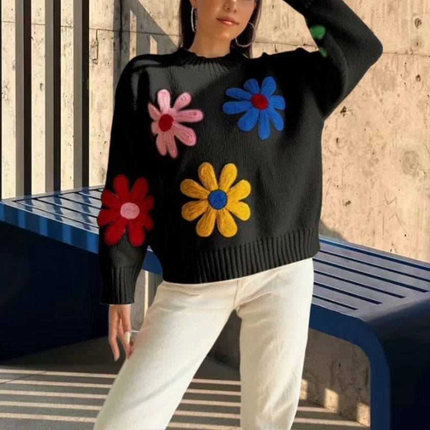 Women's Oversized Floral Embroidered Mock Neck Sweater