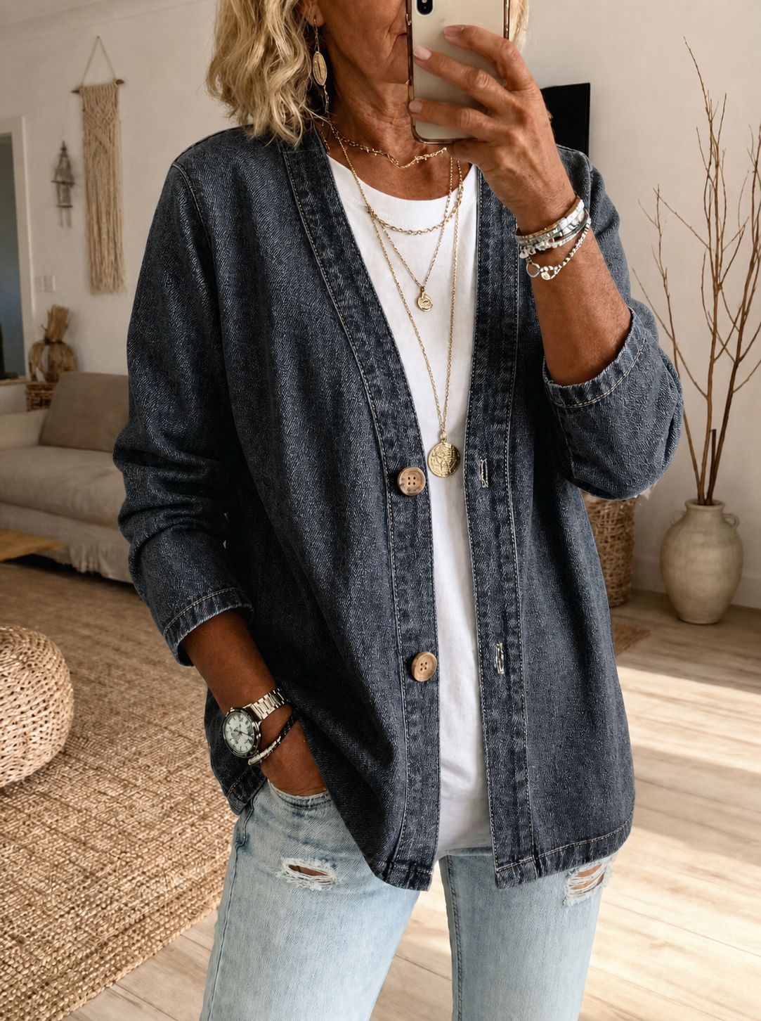 Women's Oversized V-Neck Denim Button Down Shirt