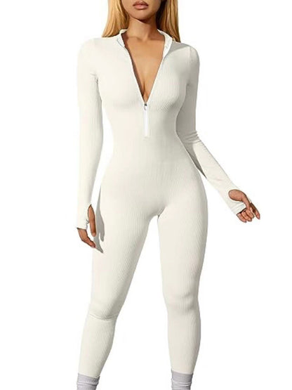 Women's Ribbed Zip Front Long Sleeve Workout Jumpsuit