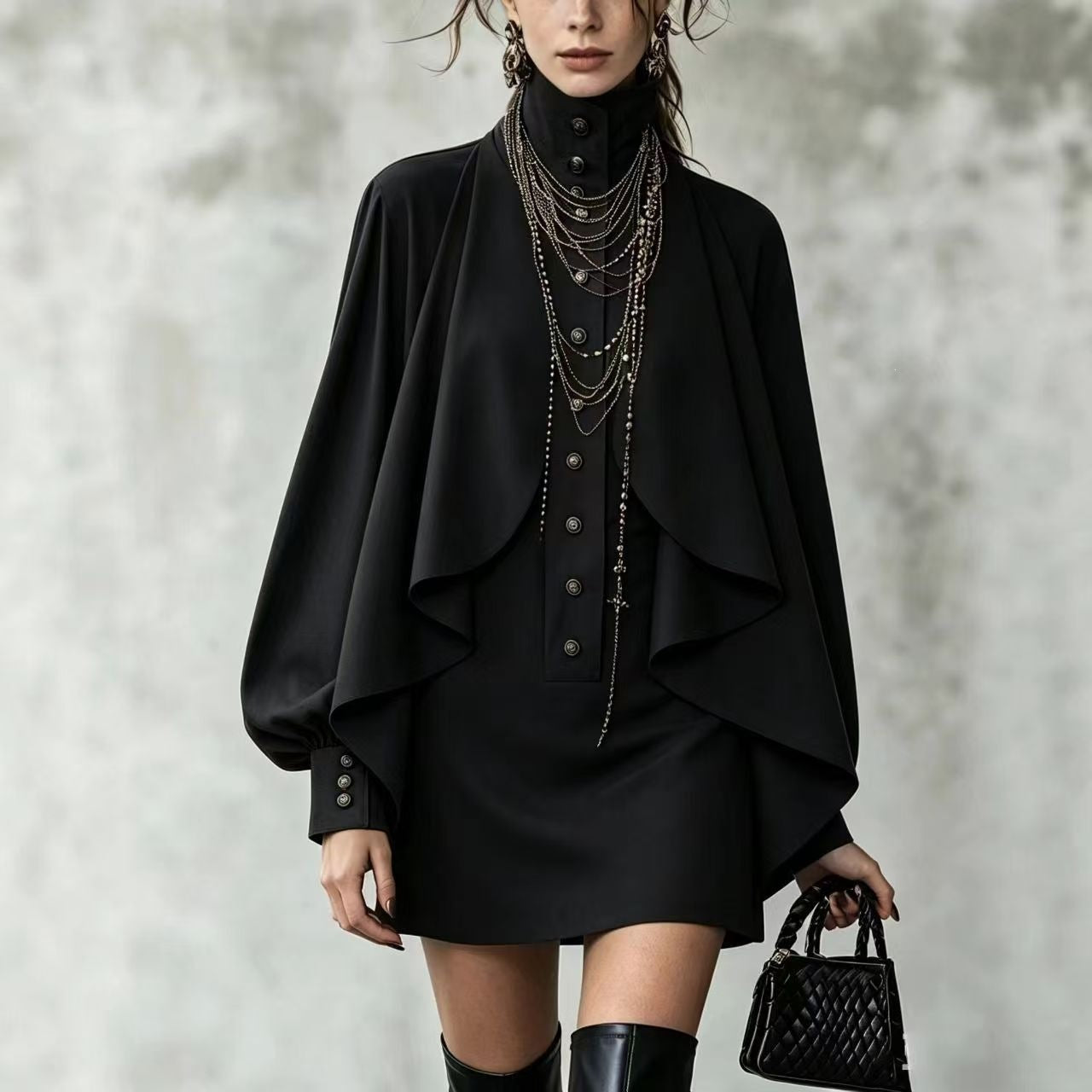 Womens Mock Neck Cape Shirt Dress Puff Sleeve Bodycon Mini