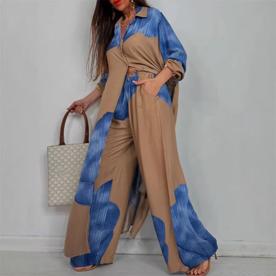 Women Color Block Oversized Shirt Pants Two Piece Set