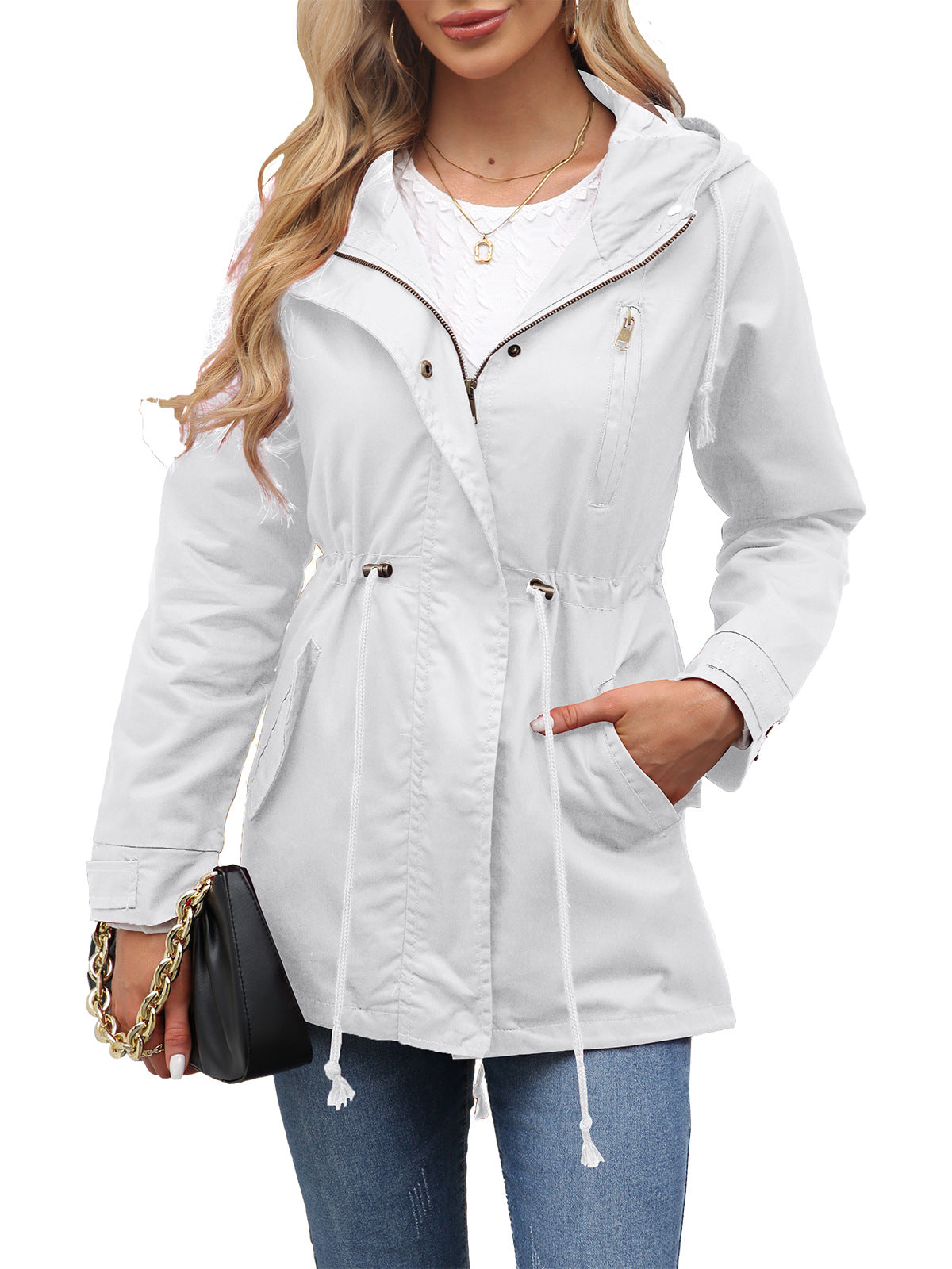 Women's Cotton Hooded Utility Jacket Drawstring Waist