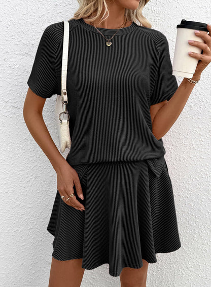 Ribbed Knit Skort Set Short Sleeve Top 2 Piece Outfit