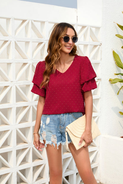 Swiss Dot V Neck Puff Sleeve Casual Summer Blouse