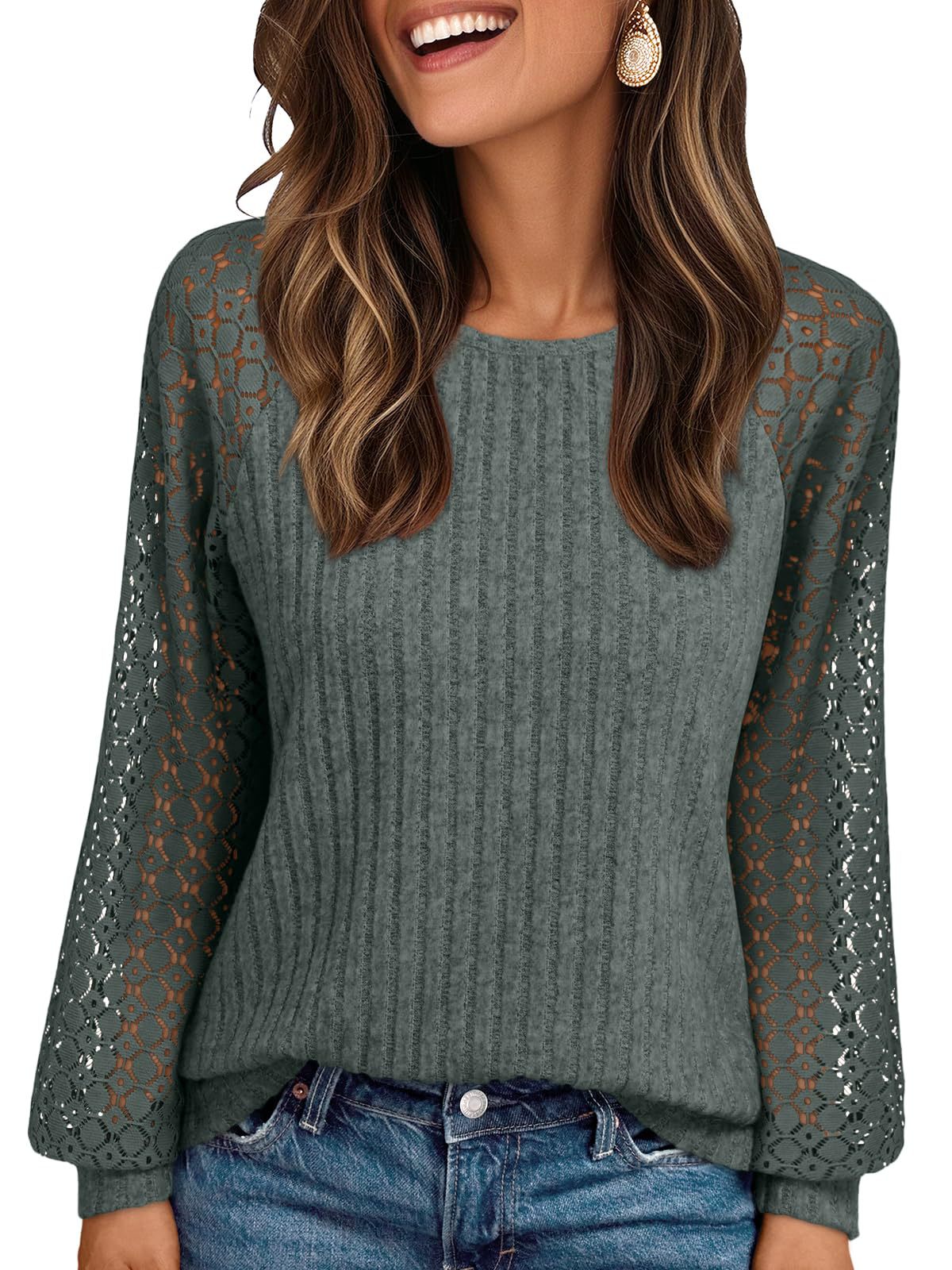 Ribbed Knit Pullover with Hollow Lace Sleeve Detail