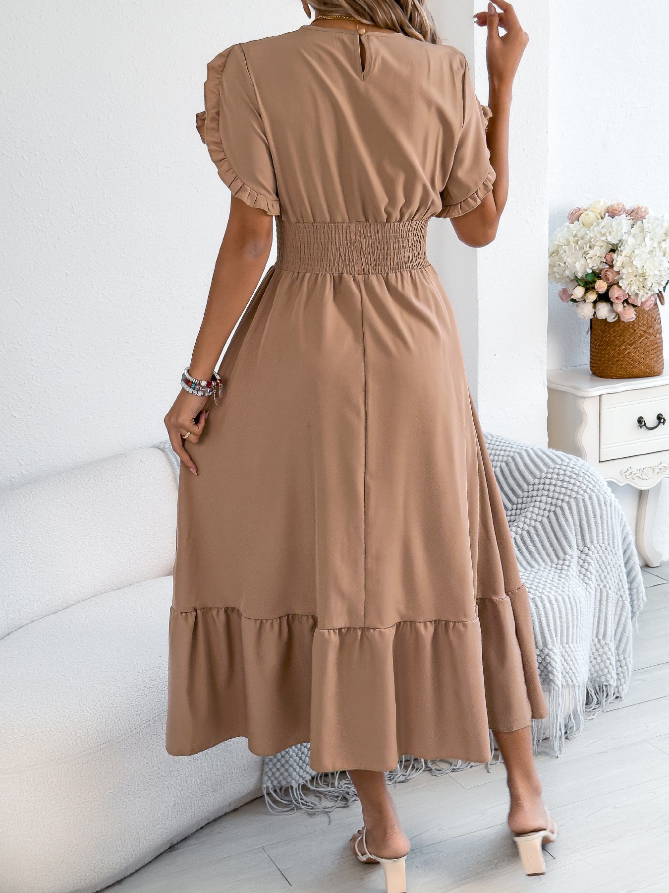 Ruffle Sleeve Smocked Waist Maxi Dress Casual Flowy