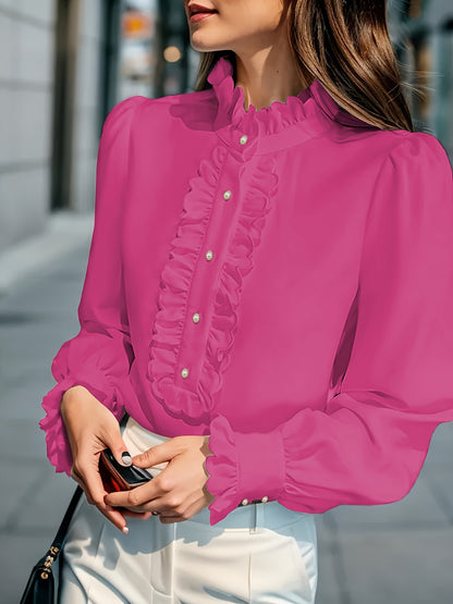 Women's Ruffled Puff Sleeve Button Up Blouse
