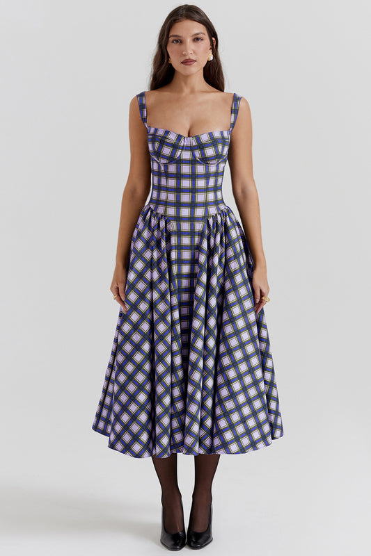 Corset Plaid Midi Dress Spaghetti Strap Flowy Cottagecore