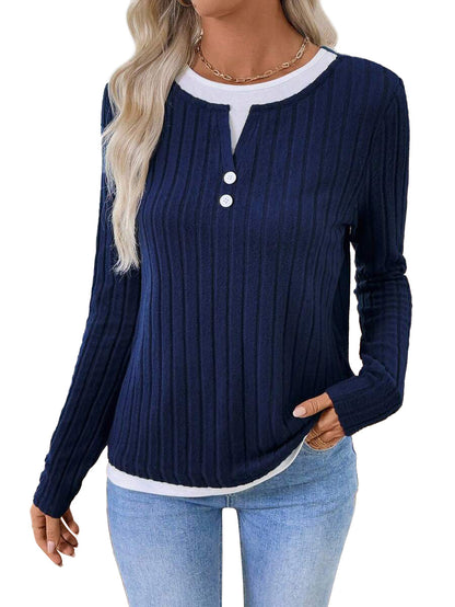 Ribbed Faux Layered Henley Long Sleeve Casual Top