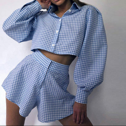 Gingham Long Sleeve Shirt and Skirt Two Piece Set