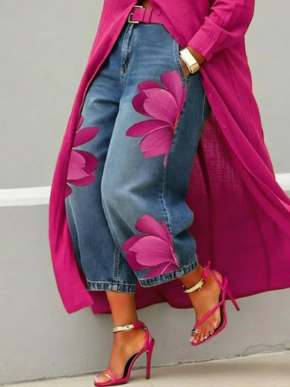 Women's Floral Denim Wide Leg Pants