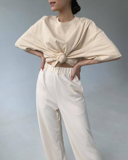 Solid Cotton T Shirt Loose Fit Crewneck Casual Top