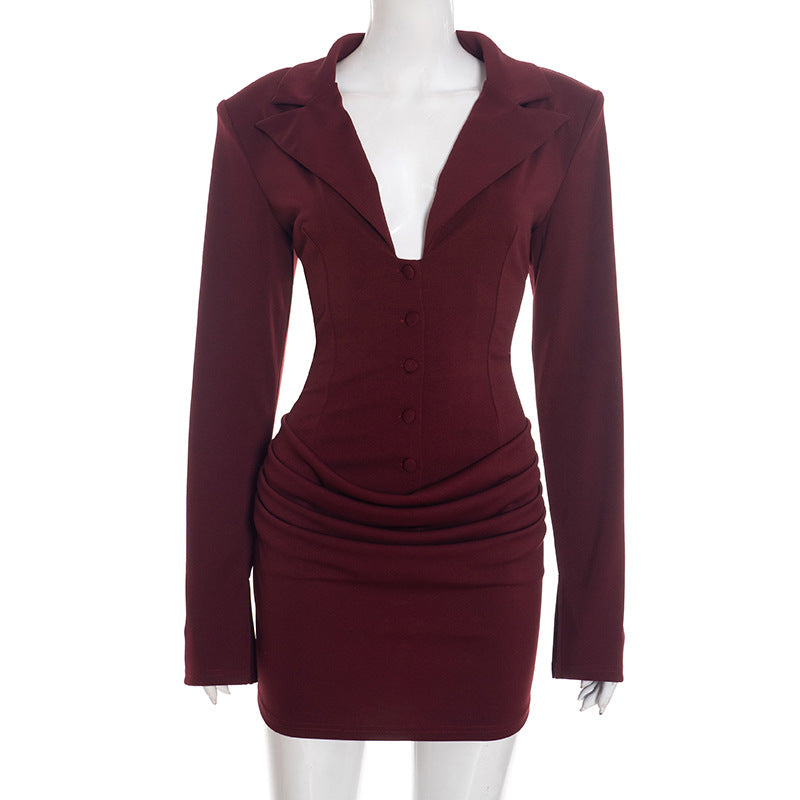 Sexy Deep V Blazer Dress Long Sleeve Bodycon Mini Dress
