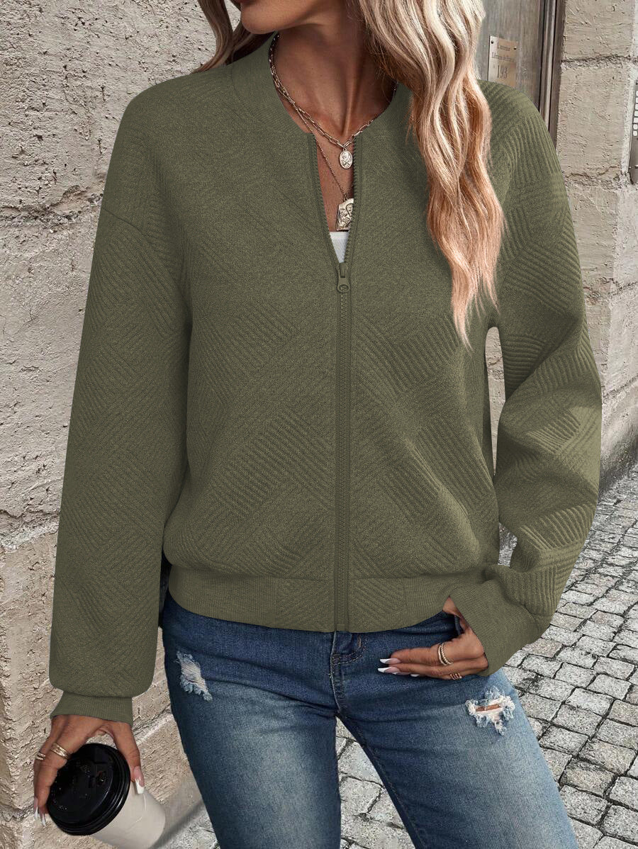Solid quilted bomber jacket zip front relaxed fit
