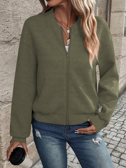Solid quilted bomber jacket zip front relaxed fit