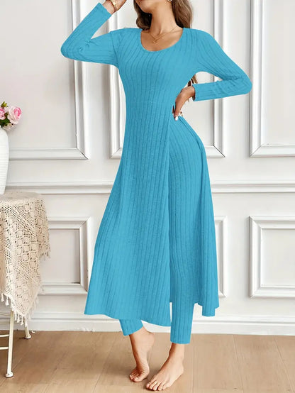 Women's Ribbed Knit Side Split Long Sleeve Two Piece Set