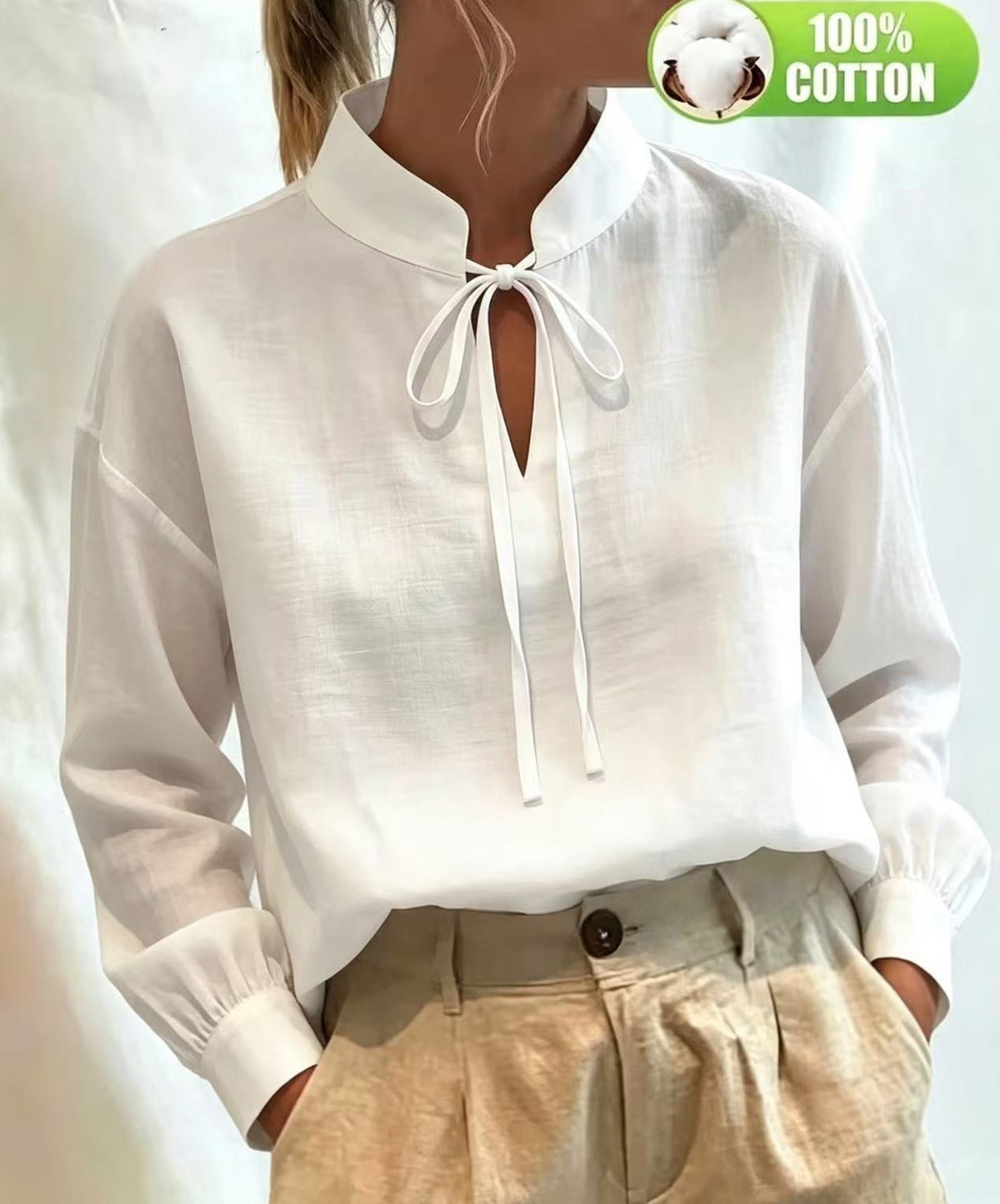 Women's Cotton Tie Neck Puff Sleeve Blouse