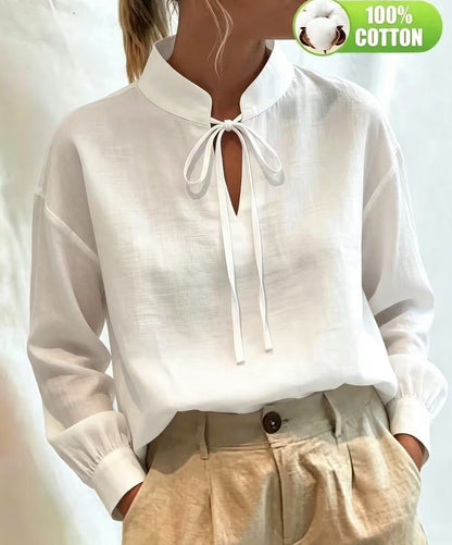 Women's Cotton Tie Neck Puff Sleeve Blouse