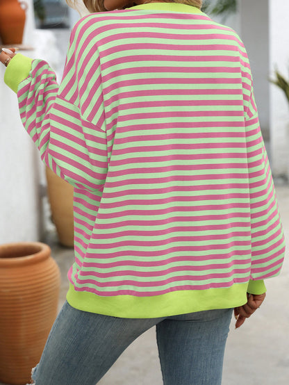 Striped Crew Neck Sweatshirt Loose Fit Casual Sweater for Woman