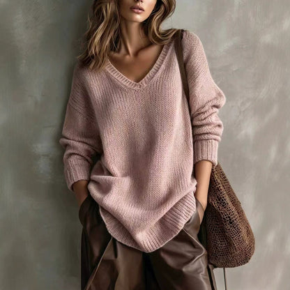 Women's V-Neck Knit Pullover Sweater Long Sleeve Casual