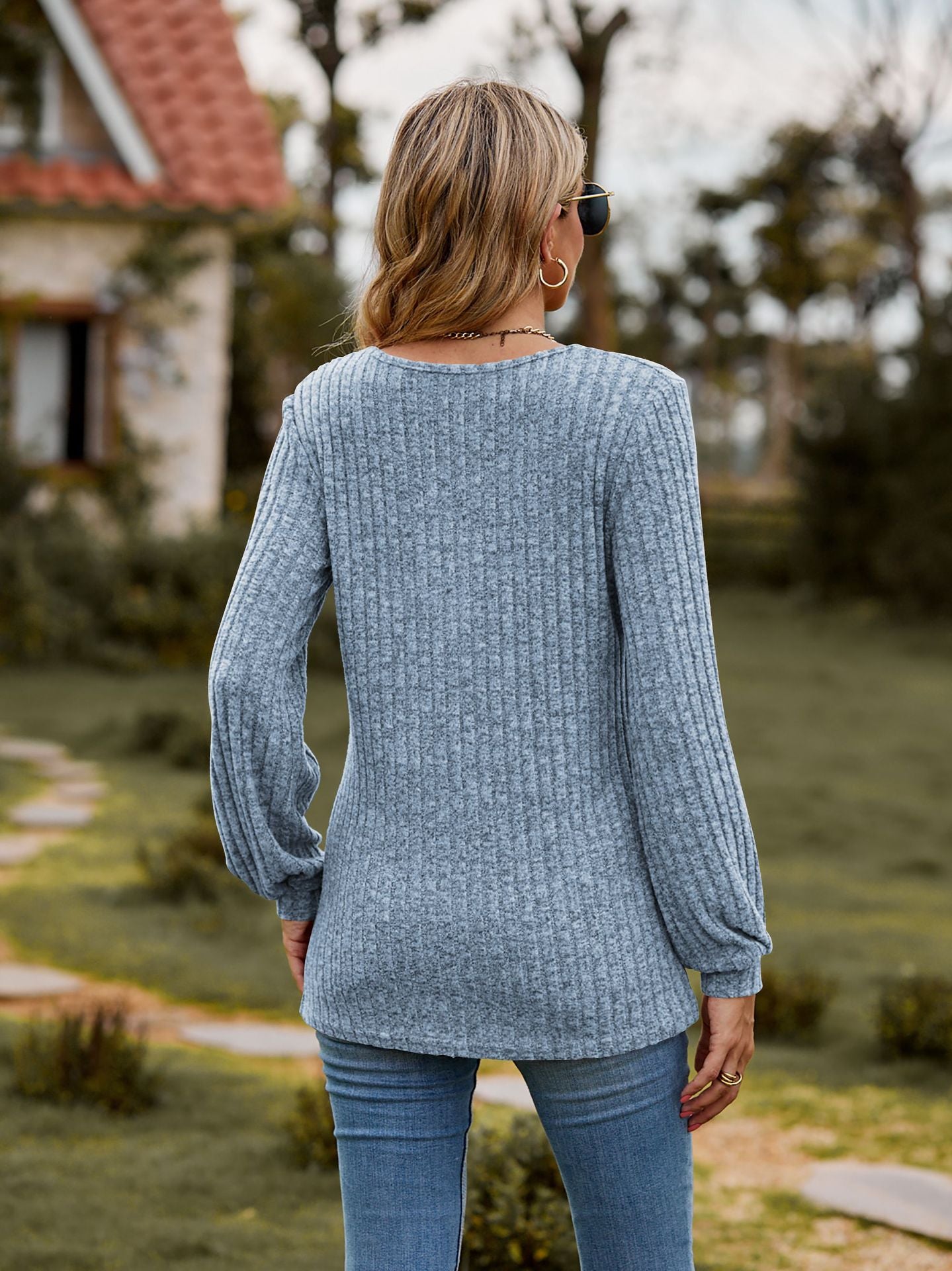 Ribbed Button Front Long Sleeve Knit Top for Women