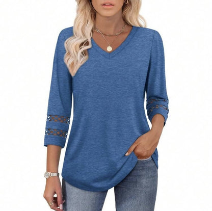 Women's V Neck 3/4 Sleeve Crochet Trim Loose Casual Blouse