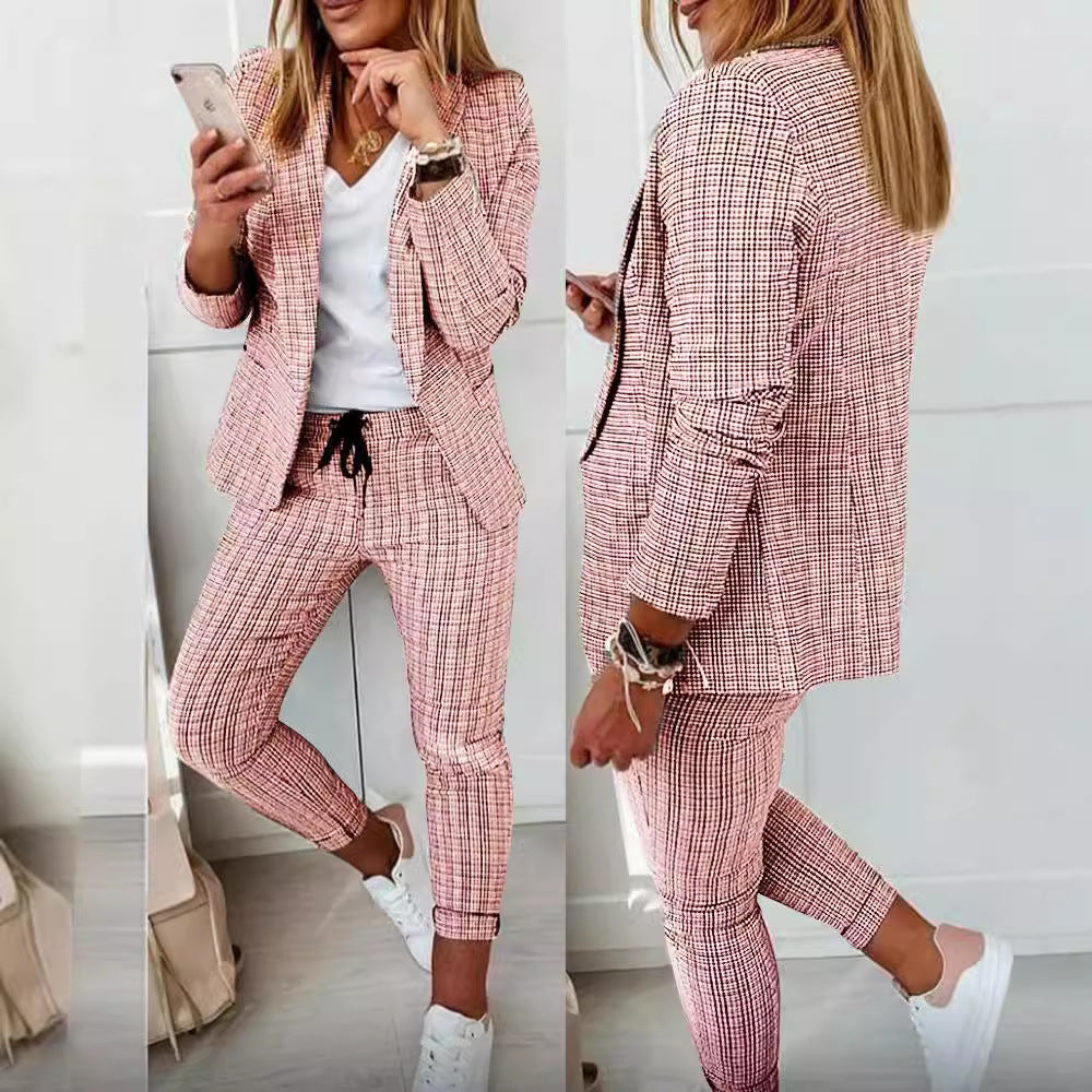 Women's Plaid Blazer Pants Set 2 Piece