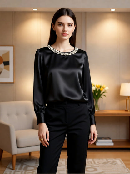 Women's Satin Pearl Neck Long Sleeve Blouse Top