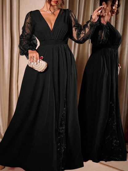 Plus Size Lace V Neck Slit Evening Maxi Dress