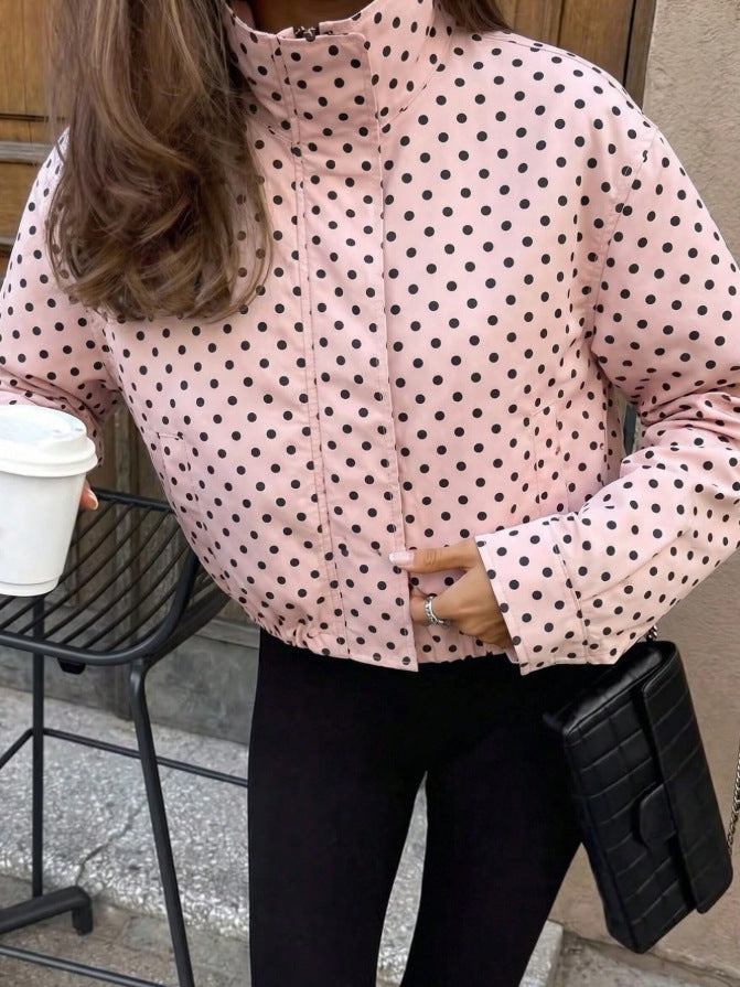 Polka Dot Zip Jacket Stand Collar Pocket Loose Coat