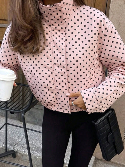 Polka Dot Zip Jacket Stand Collar Pocket Loose Coat