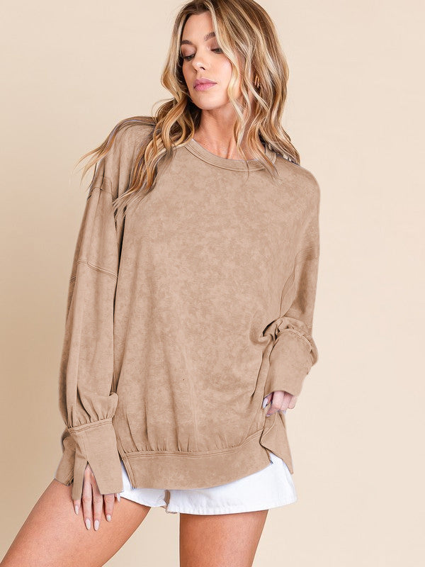 Acid Wash Oversized Sweatshirt Side Slit Drop Shoulder
