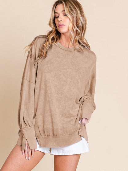Acid Wash Oversized Sweatshirt Side Slit Drop Shoulder