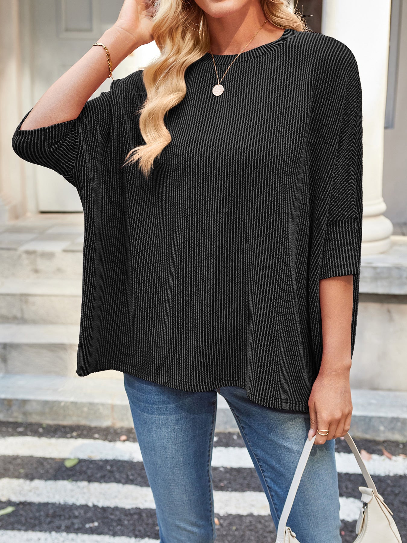 Oversized Batwing Sleeve Ribbed Knit Casual Tunic Top